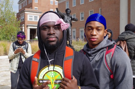 Tomi Adelekan (left) and Ryan Floyd (right) pose for a picture wearing their silky pink durag and silky blue durag. Photo by Aleah Green.
