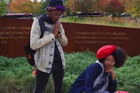 Anaiah Hodge (left) and Kyemah Clark (right) sport their silk scarf and bonnet in support of UMD Durag Day.