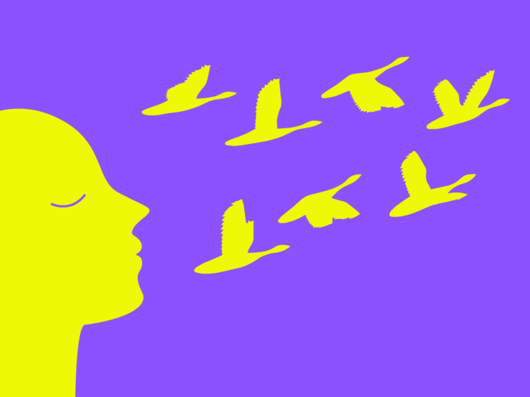 A photo illustration of a person relaxing in front of a gaggle of geese flying.