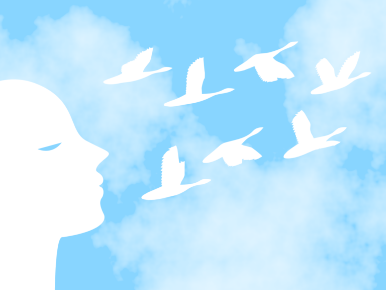 A photo illustration of a person relaxing in front of a gaggle of geese flying.